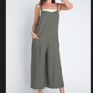 Olive Linen Cropped Jumper Jumpsuit Overalls
